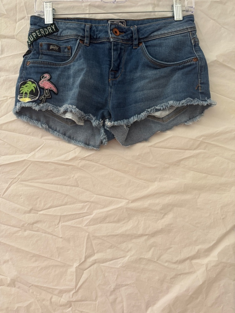 Superdry 90’s Y2K Denim Cutoff Shorts with Flamingo & Palm Patch
